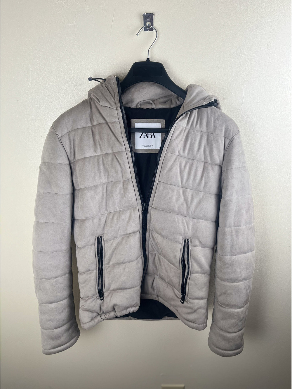 Zara Hooded Quilted Puffer Jacket Grey Faux Suede Men's Medium